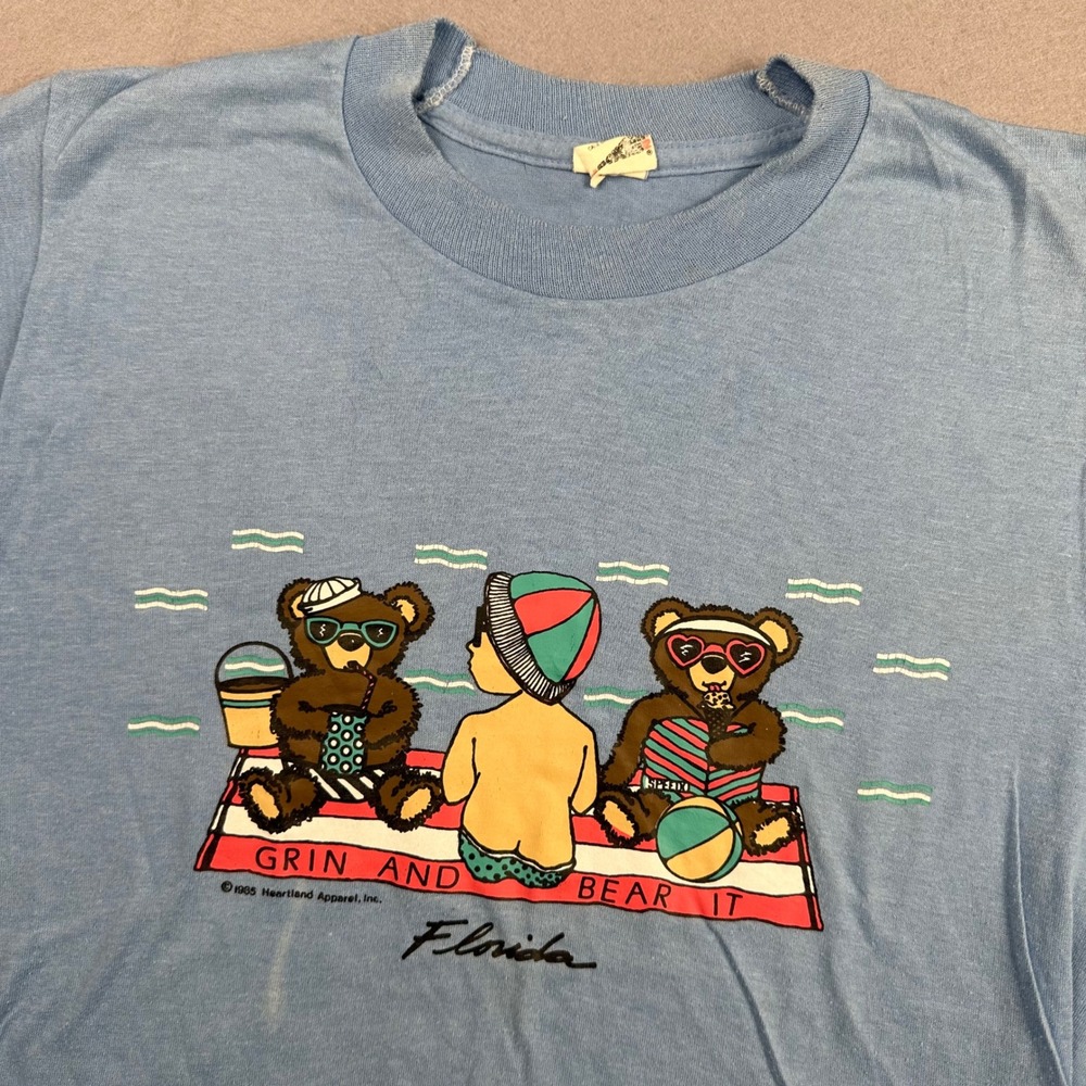 Vintage 1985 Screen Stars Florida Grin and Bear It T-Shirt Blue Kids 14-16 USA